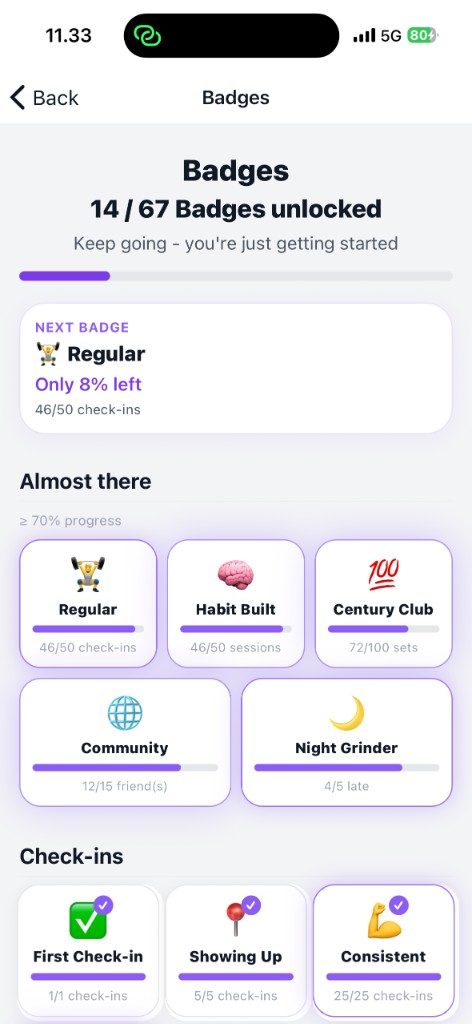 Gymly badges screen showing unlocked badges and progress toward the next milestone