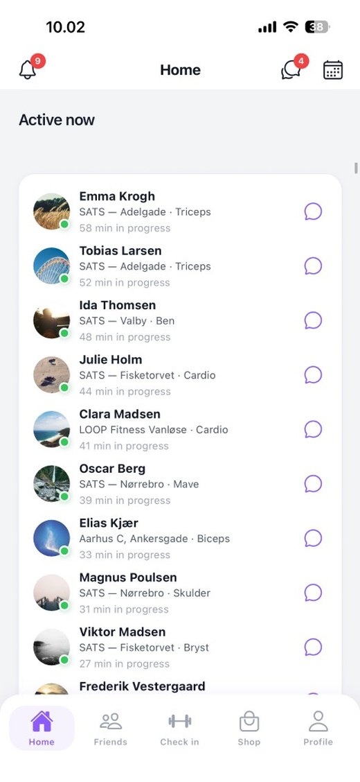 Gymly Active now feed showing members training across gyms — product demonstration